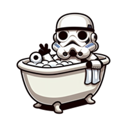En sjov illustration af en stormtrooper, der slapper af i et badekar fyldt med skum.