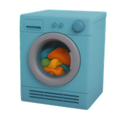 En moderne, blå vaskemaskine med farverige klumper indeni.