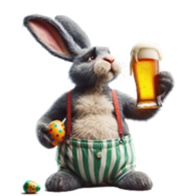 En humoristisk påskehare iført stribede bukser, der holder en øl og et påskeæg.