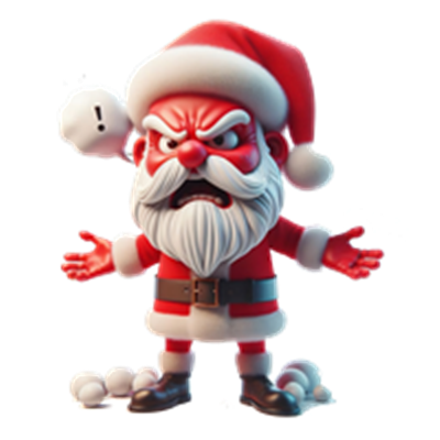 En vred julemand i rød dragt, der ser ud til at være frustreret, omgivet af snebolde.