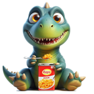 En farverig, venlig dinosaur, der spiser pasta fra en dåse, med et stort smil.