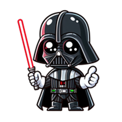 En sød, cartoon-agtig version af Darth Vader med en rød lyssabel.