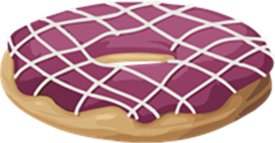 En farverig donut med en lilla glasur og hvidt mønster.