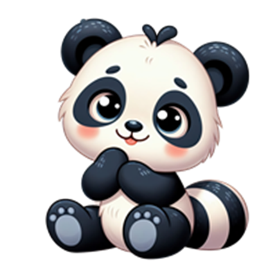 En nuttet, tegnet panda-baby med store øjne, der sidder og smiler.