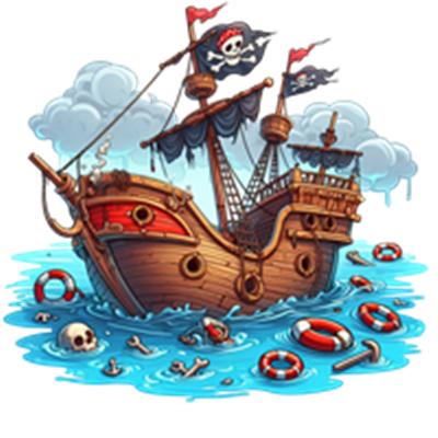 Et detaljeret piratskib med flag og skaller, der svømmer i et stormfuldt hav.
