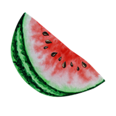 En skive af vandmelon med rød frugtkød og sorte kerner, indrammet af grøn skorpe.