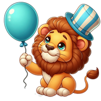 En sød, cartoon-lignende løve iført en hat, der holder en blå ballon.
