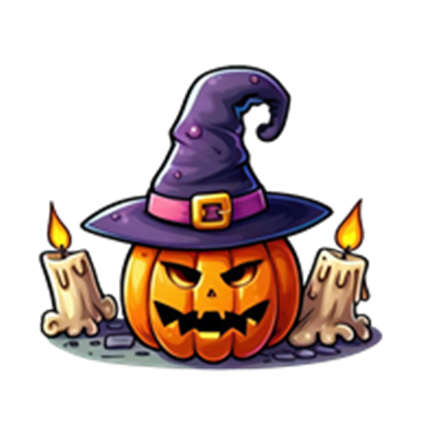 Et farverigt Halloween-græskar iført en heksehue, omgivet af stearinlys.