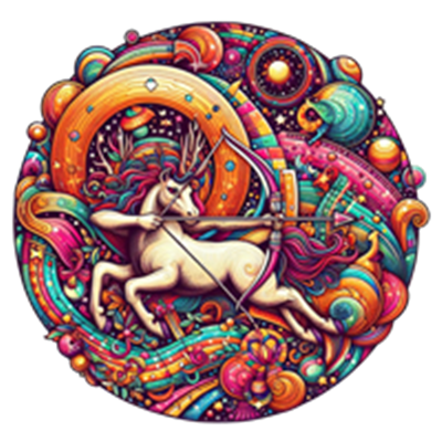 En farverig illustration af en enhjørning, der skyder med en bue blandt stjerner og galakser.