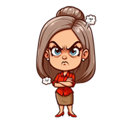 En tegneseriefigur af en kvinde med grå hår, der ser sur ud og står med armene over kors.