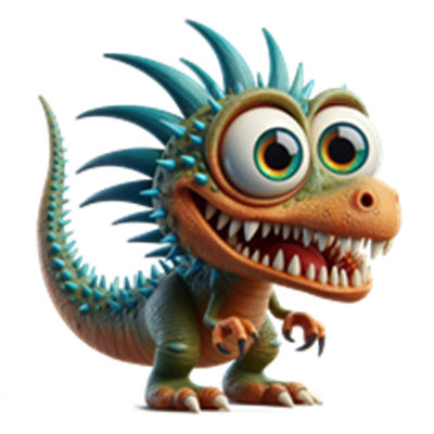 En sød og farverig tegneserie-dinosaur med store øjne og skarpe tænder.
