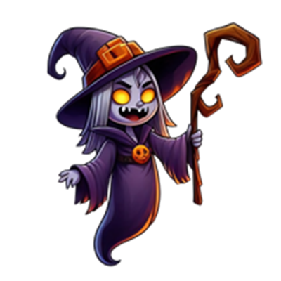 En farverig og venlig heks i en lilla kjole med en heksehat og en tryllestav.