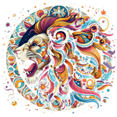 Et kunstnerisk billede af en løve med farverige detaljer og mønstre, omgivet af cirkulære elementer.