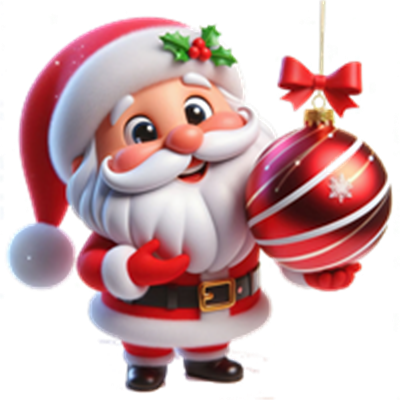 En glad julemand holder en rød julekugle og smiler.