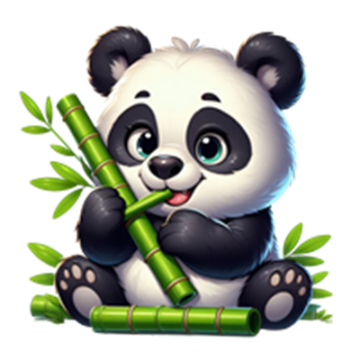 En farverig og venlig panda, der sidder og spiser bambus, omgivet af grønne planter.