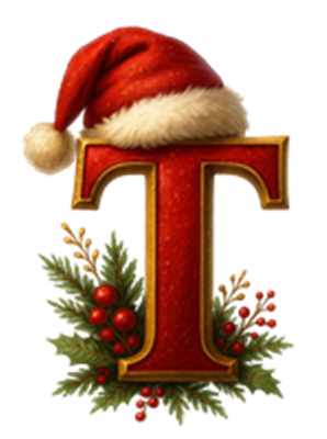 Et dekorativt bogstav T iført en juleskæbne med gran og bær.