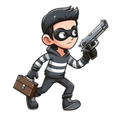 En animeret figur af en ung tyv iført stribede klæder, der holder en pistol og en taske.