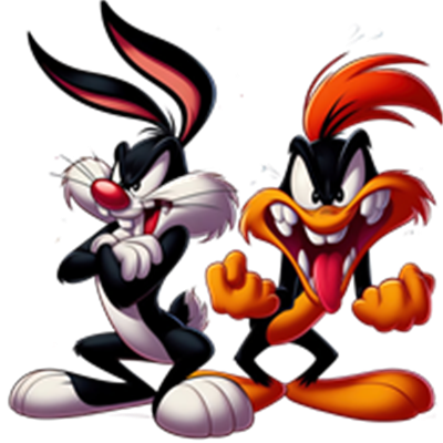 To ikoniske tegnefilmskarakterer med udtryksfulde ansigtstræk og farverige detaljer.