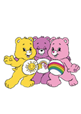 Tre farverige bamser, hver med unikke symboler, der udstråler glæde og venskab.