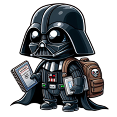En sød, tegneserieagtig version af Darth Vader, der bærer en rygsæk og holder bøger.