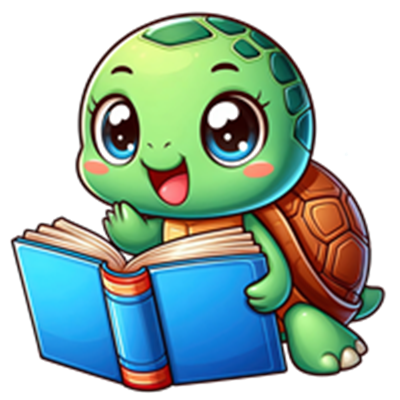 En sød, cartoon-lignende skildpadde, der smilende læser en bog.