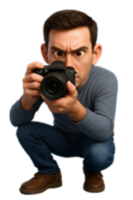 En karakter, der squatter og holder et kamera klar til at tage billeder.