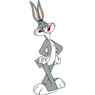 En grå kanin med lange ører og et selvsikkert udtryk, stående med hænderne på hoften.