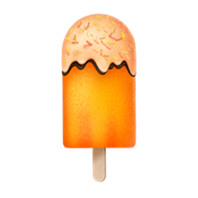 En farverig ispind med en orange base og chokoladeovertræk, pyntet med drys.