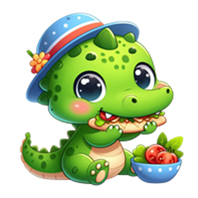 En farverig, tegneserieagtig dinosaur iført en hat, der spiser en sandwich og har en skål med grøntsager.