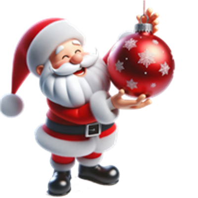 En glad julemand holder en rød julekugle med snefnug.