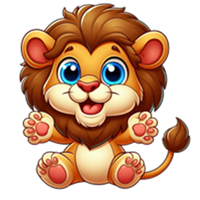 En farverig og glad løveunge med store øjne og en venlig udstråling.