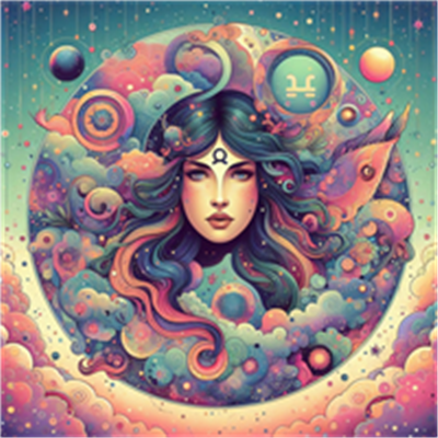 En farverig illustration af en kvindelig figur omgivet af stjerner og symboler.