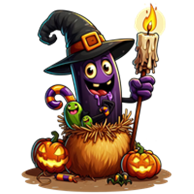 En farverig trold iført en heksehat, der holder et lys, omgivet af græskar og slik.
