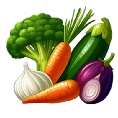 Et udvalg af friske grøntsager, herunder broccoli, gulerødder, zucchini, hvidløg og aubergine.