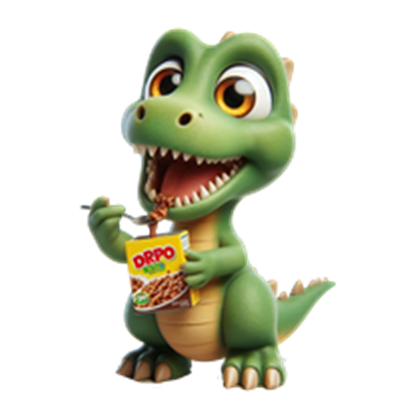 En farverig, tegneserieagtig dinosaur, der spiser fra en snackpakke.