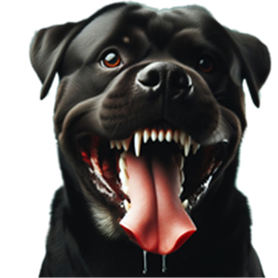 Et nærbillede af en Rottweiler med åben mund og synlige tænder, der ser skræmmende ud.