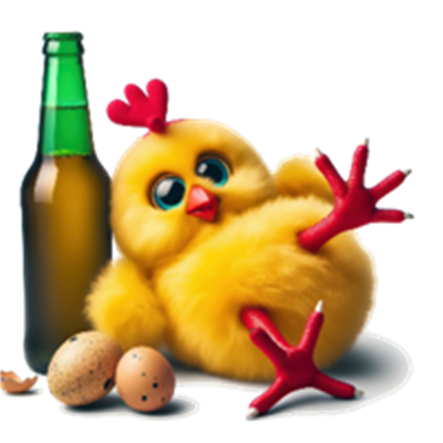 Et farverigt, sødt kylling, der ligger ved siden af en ølflaske og æg.