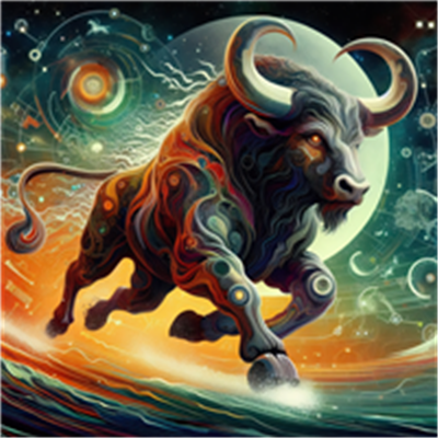 En farverig og surrealistisk illustration af en tyr, der bevæger sig gennem en galakse.