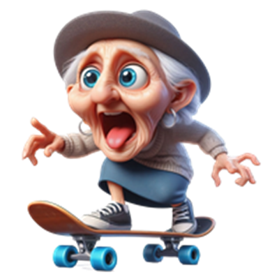 En tegneserieagtig bedstemor, der skateboarder med stor entusiasme.