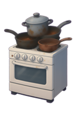 Et hvidt komfur med flere gryder og pander stablet ovenpå.