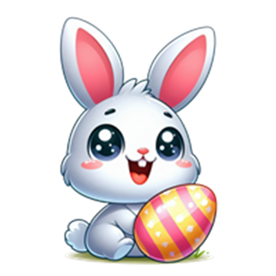 En glad, tegnet påskehare sidder med et farverigt æg, perfekt til påskefeirng.