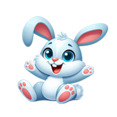 En glad, blå kanin sidder med udstrakte arme og smilende ansigt, klar til leg.