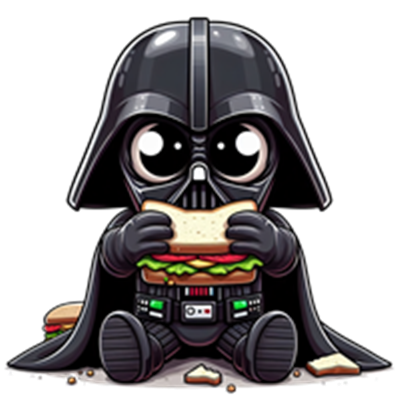 En tegneserieagtig version af en berømt karakter, der spiser en sandwich.