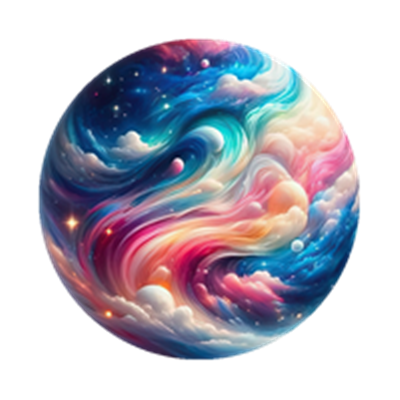 En cirkulær illustration af en farverig galakse med svævende skyer og stjerner.