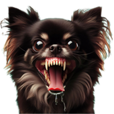 Et billede af en Chihuahua med en skræmmende ansigtsudtryk og blottede tænder.