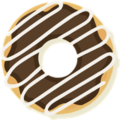 En rund donut med chokoladeovertræk og hvid glasurstriber.