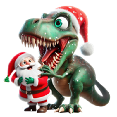 Et farverigt billede af en T-Rex iført en juleskæde og en julemand, der ser overrasket ud.