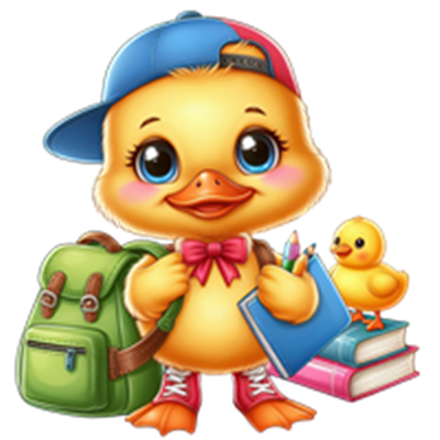 En farverig illustration af en glad and med en rygsæk, bøger og en lille andeven.