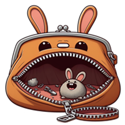 En farverig pung med kaninører, der åbner sig for at afsløre en glad kanin indeni.