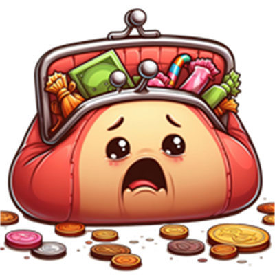 En tegneserieagtig pung ser trist ud, fyldt med slik og mønter, der ligger spredt omkring.